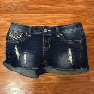 L.A. idol Dark Blue Distressed Denim Shorts with Frayed Hem